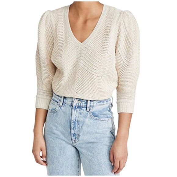 Brochu Walker "Arya Vee" Sweater Linen Cotton Puff Sleeve Cream Marle, S - Picture 1 of 4